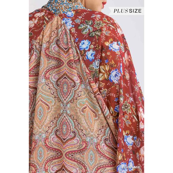 Umgee Sheer Long Paisley Floral Boho Kimono in Berry Mix Plus Size XL/1XL - Picture 5 of 16